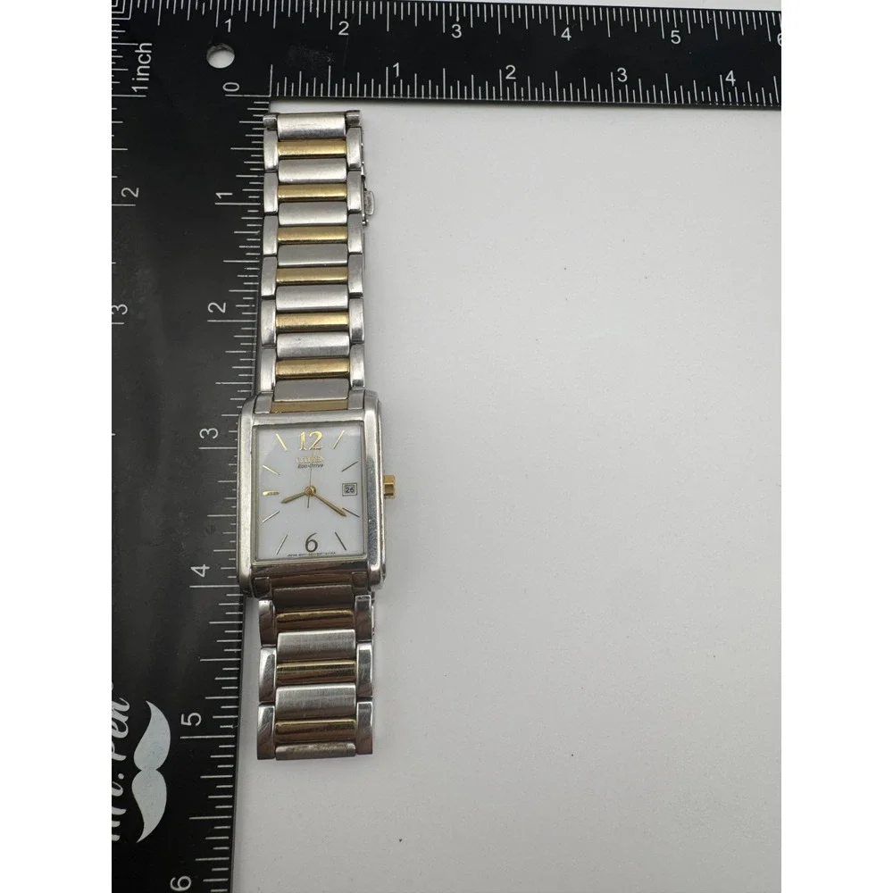 Citizen Eco-Drive Mens Watch  Rectangular Two Tone White Dial Date Working READ